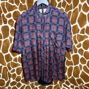 Vintage Whitby 100% Washed Silk Geometric Print Short Sleeve Button Down Shirt